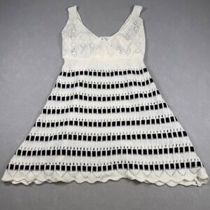 Knit Mix Womens White Black Pointelle Knit Sleeveless V-Neck A-Line Mini Dress L